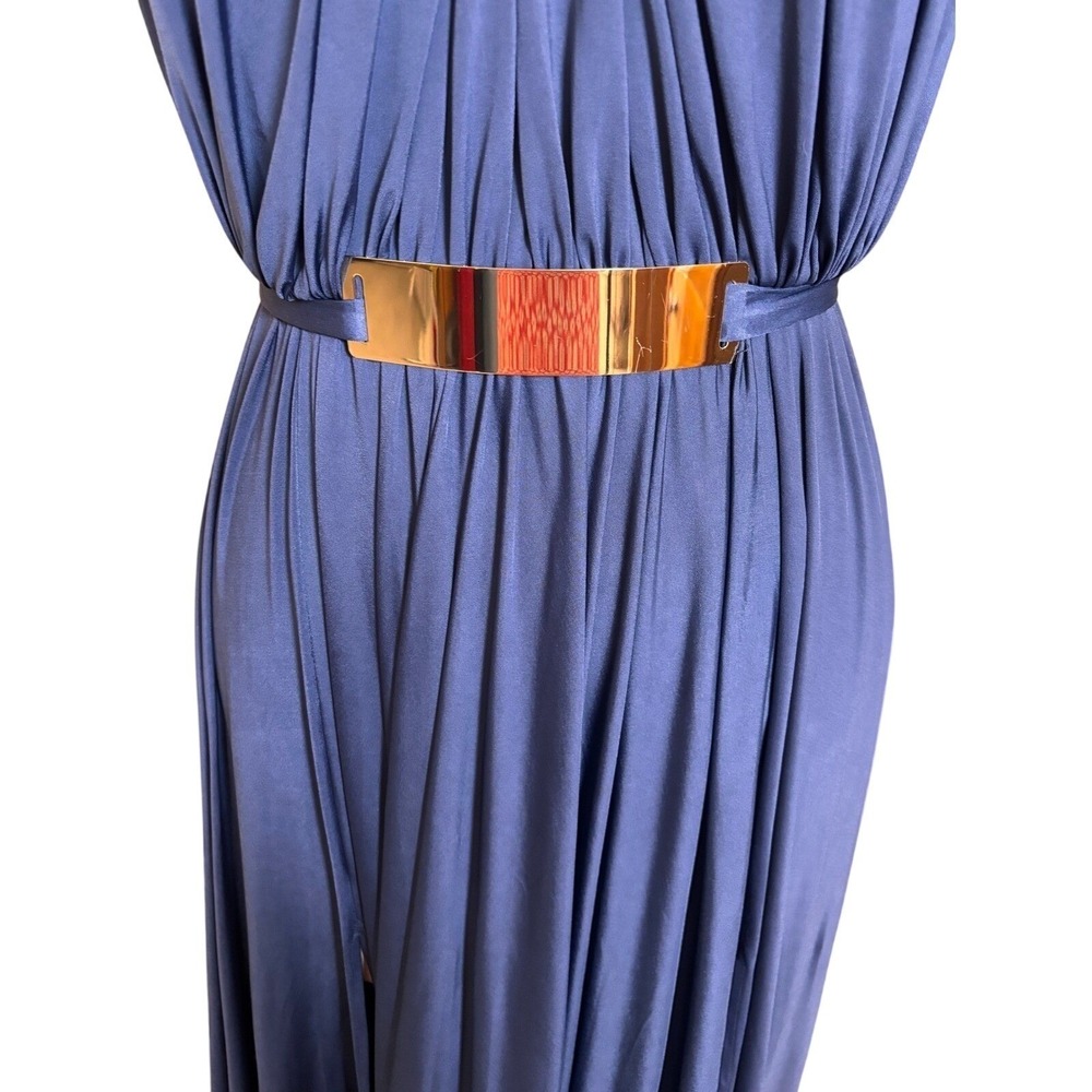 Nicole Bakti Navy Halter Maxi Dress Open Back Gold Belt Formal Gown - Picture 6 of 12